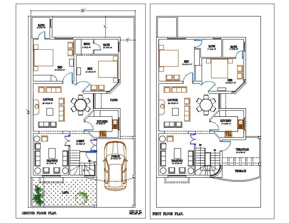 35'X64' House Ground Floor And First Floor Furniture Layout Plan DWG File