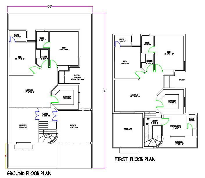 35'X64' House Ground Floor And First Floor Layout Plan DWG File