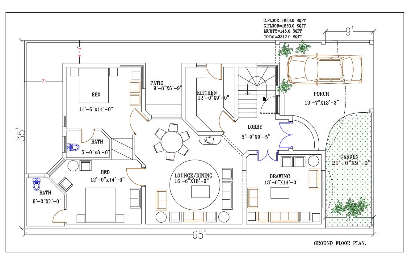 35'X65' AutoCAD House Plan With Furniture Layout Drawing DWG File
