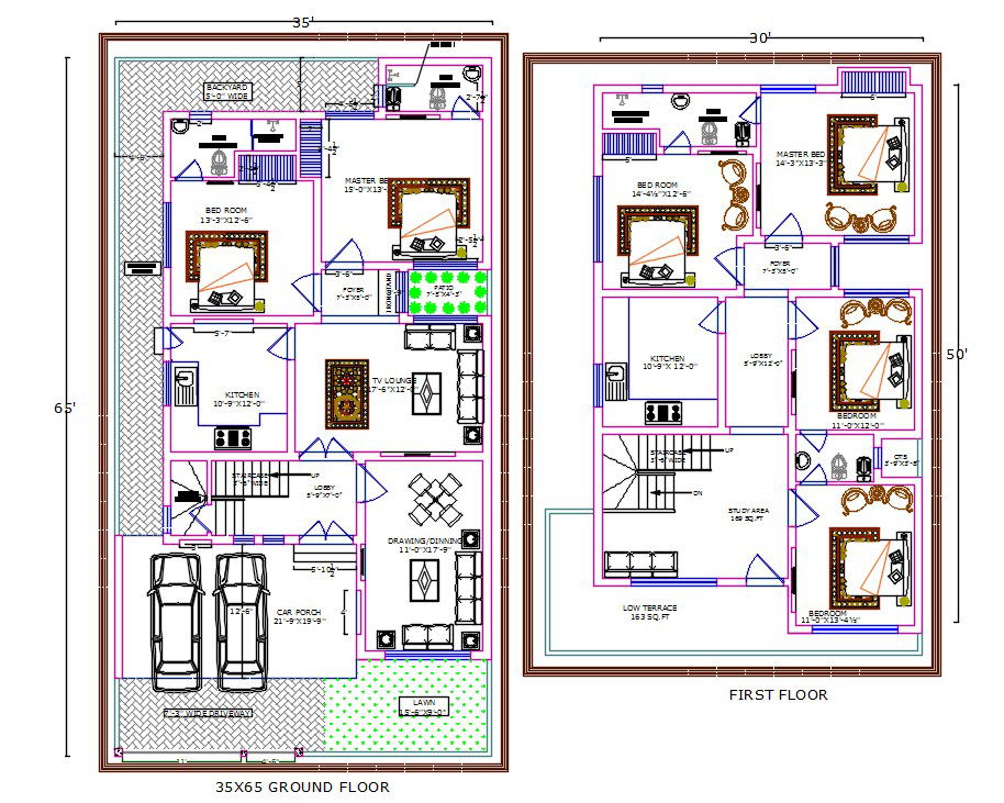 35X65 House Floor Plan With Interior Furniture Drawing DWG File
