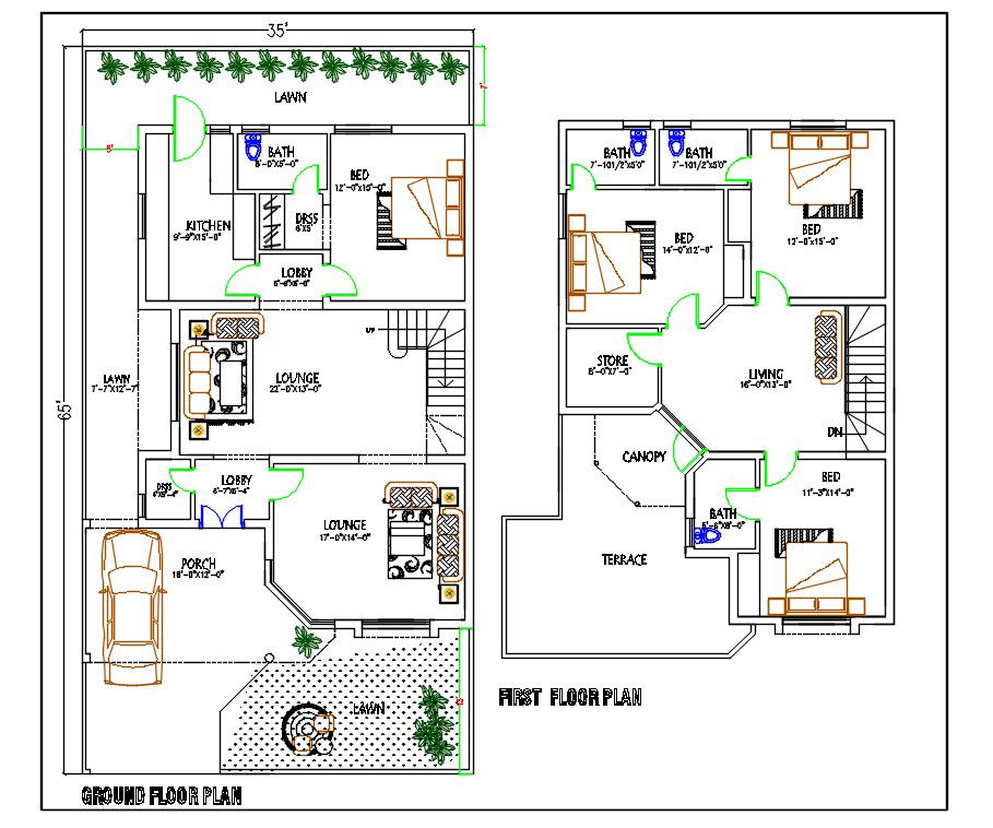 35'X65' House Ground Floor And First Floor Plan Drawing DWG File