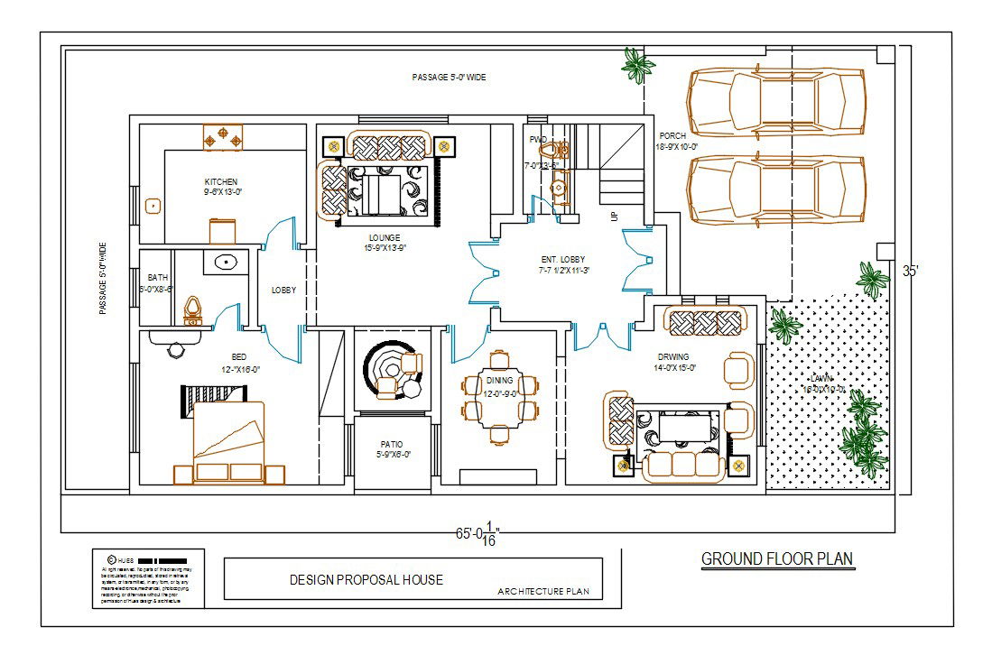 35'X65' House Ground Floor Plan With Furniture Layout CAD Drawing
