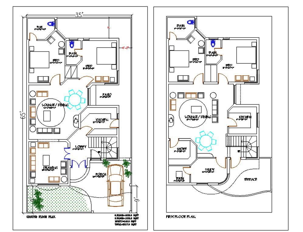 35'X65' Residence House Layout CAD Drawing DWG File