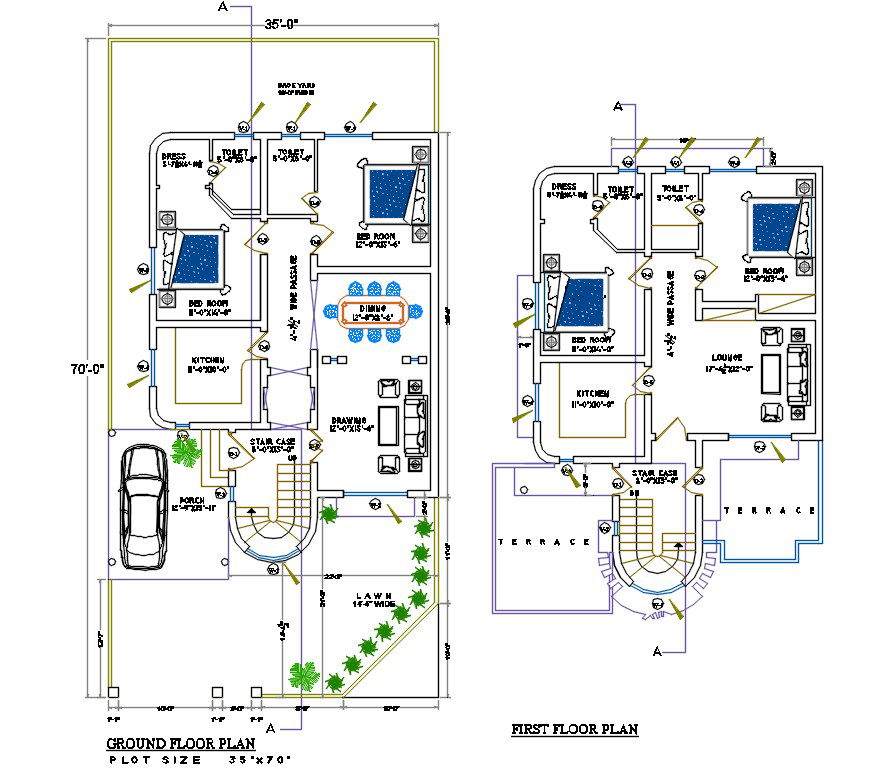 35 X 70 Feet 2 Storey House Floor Plan And Furniture Layout DWG File