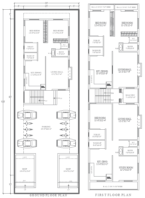 35ftx100ft Residential Ground and First Floor Plan DWG File