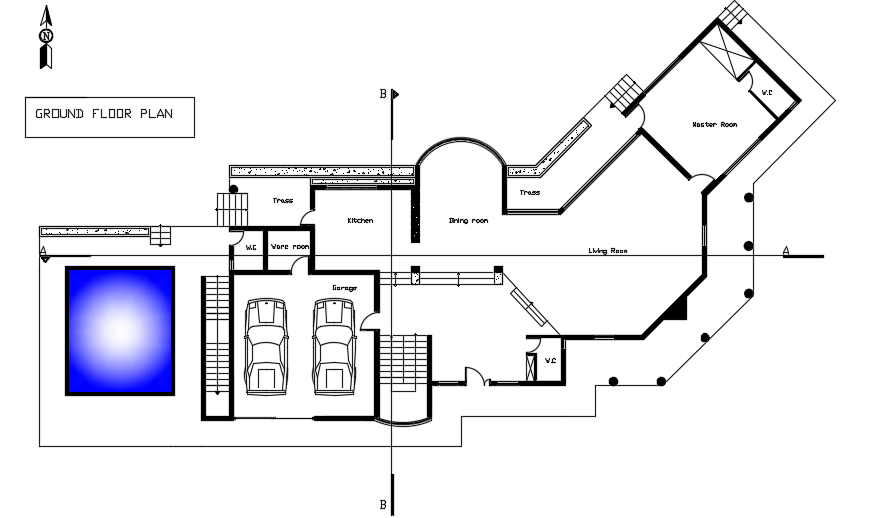 35x15m luxury villa ground floor plan AutoCAD drawing