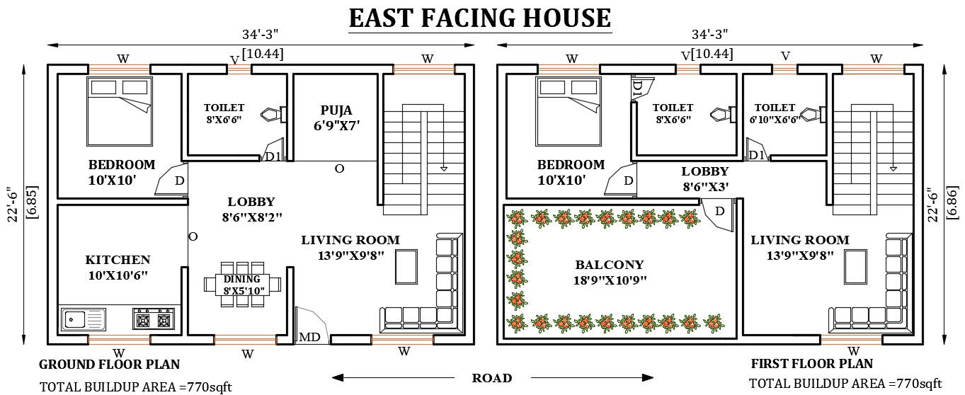 35’x23’ East facing house plan is given as per vastu shastra in this Autocad drawing file. Download now.