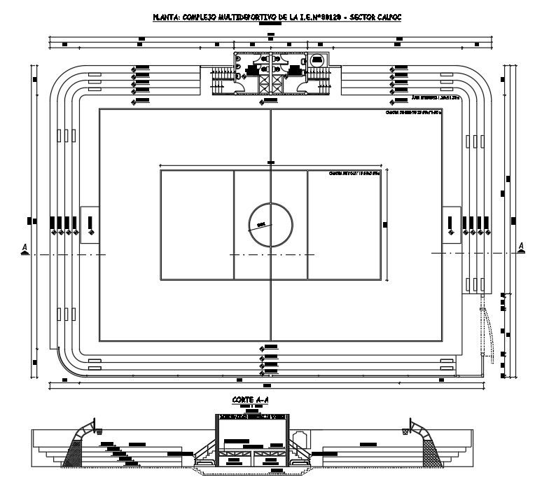 35x25m multi sports complex plan is given in this AutoCAD drawing model. This is basketball court plan.