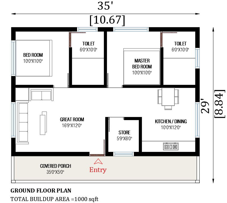35’x29’ house plan is given in this AutoCAD drawing model.Download now.
