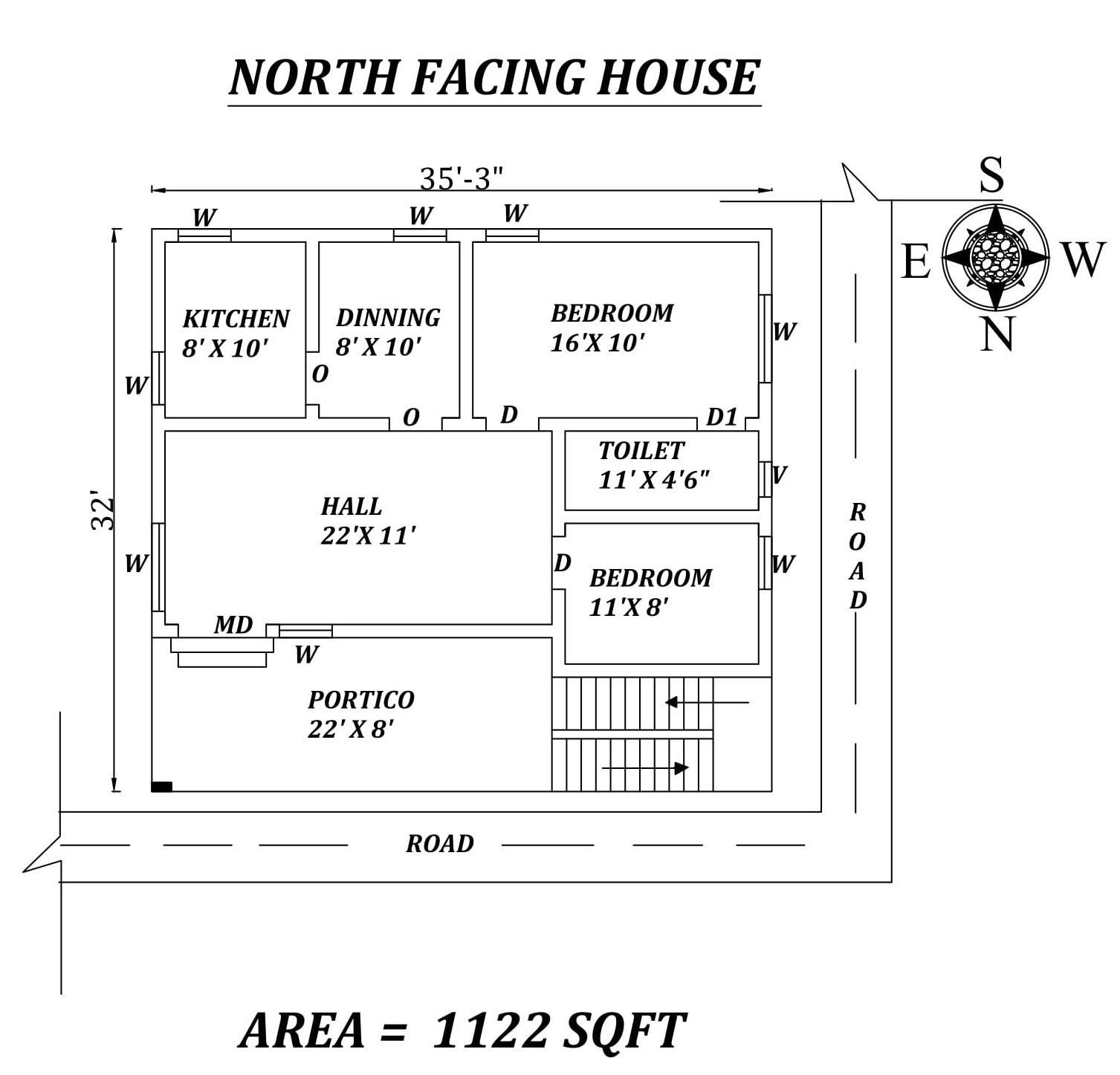 35'x32' Perfect 2BHK North Facing House Plan As Per Vastu Shastra, Autocad DWG and PDF File details