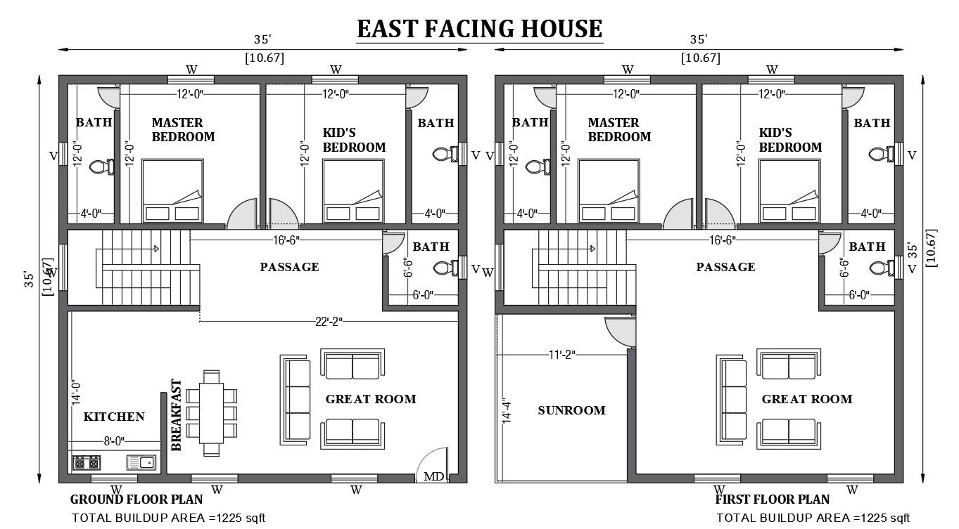 35'x35' East facing house design as per vastu shastra is given in this FREE 2D Autocad drawing file. Download now.