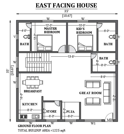 35'x35' East facing house design is given in this FREE 2D Auto cad drawing file. Download now.