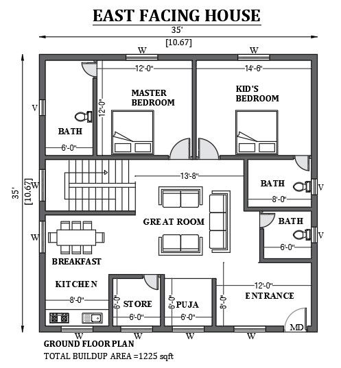 35'x35' East facing house plan is given in this FREE 2D Auto cad drawing file. Download now.