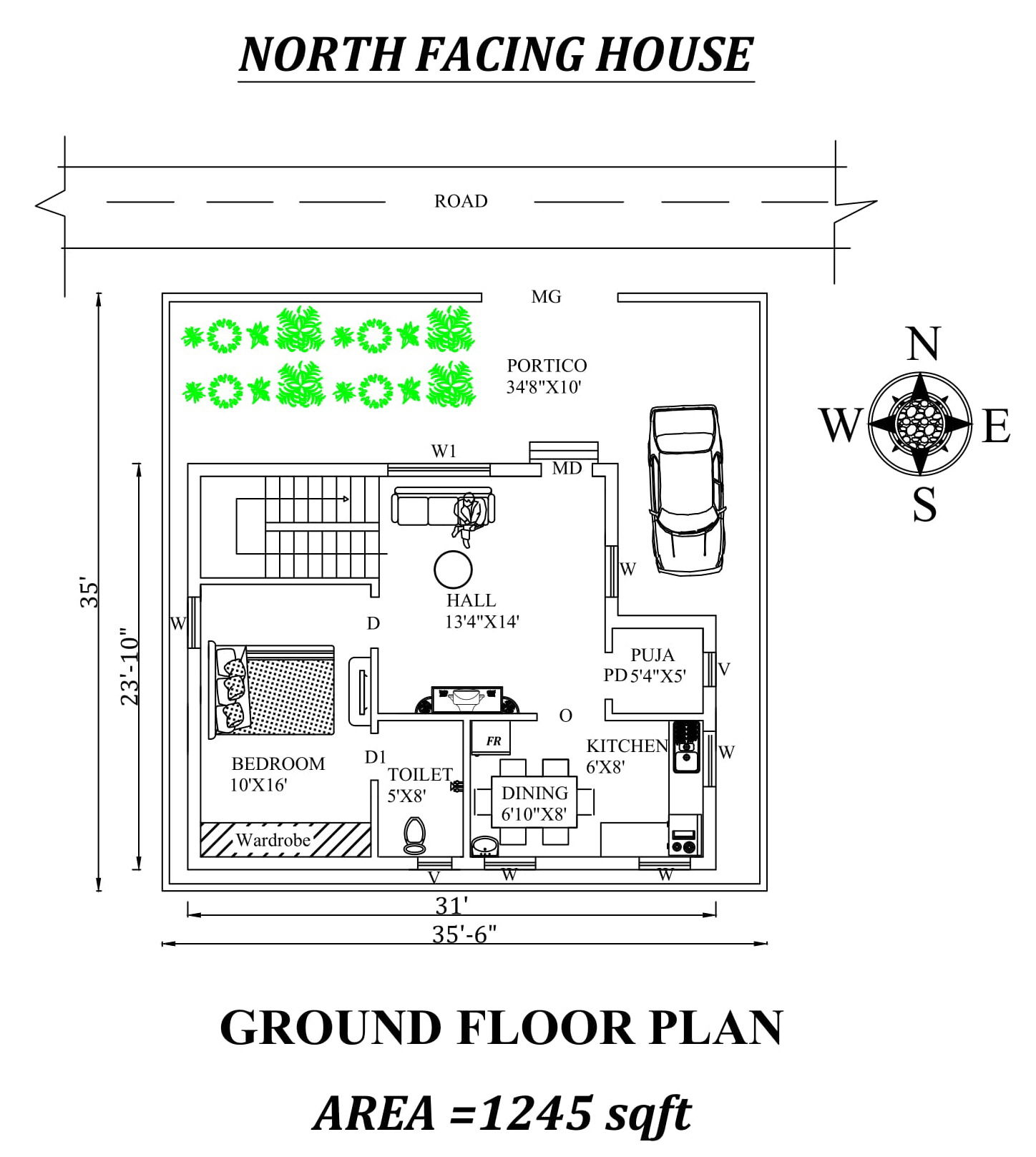 North Facing Duplex House Plan 35x35 Single BHK Vastu Shastra Design