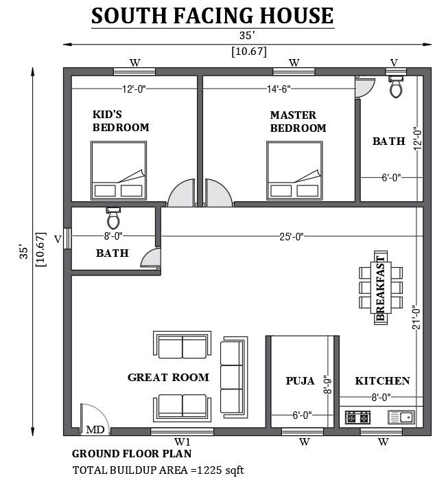 35’x35’ south facing house design as per vastu shastra is given in this FREE 2D Autocad drawing file. Download now.