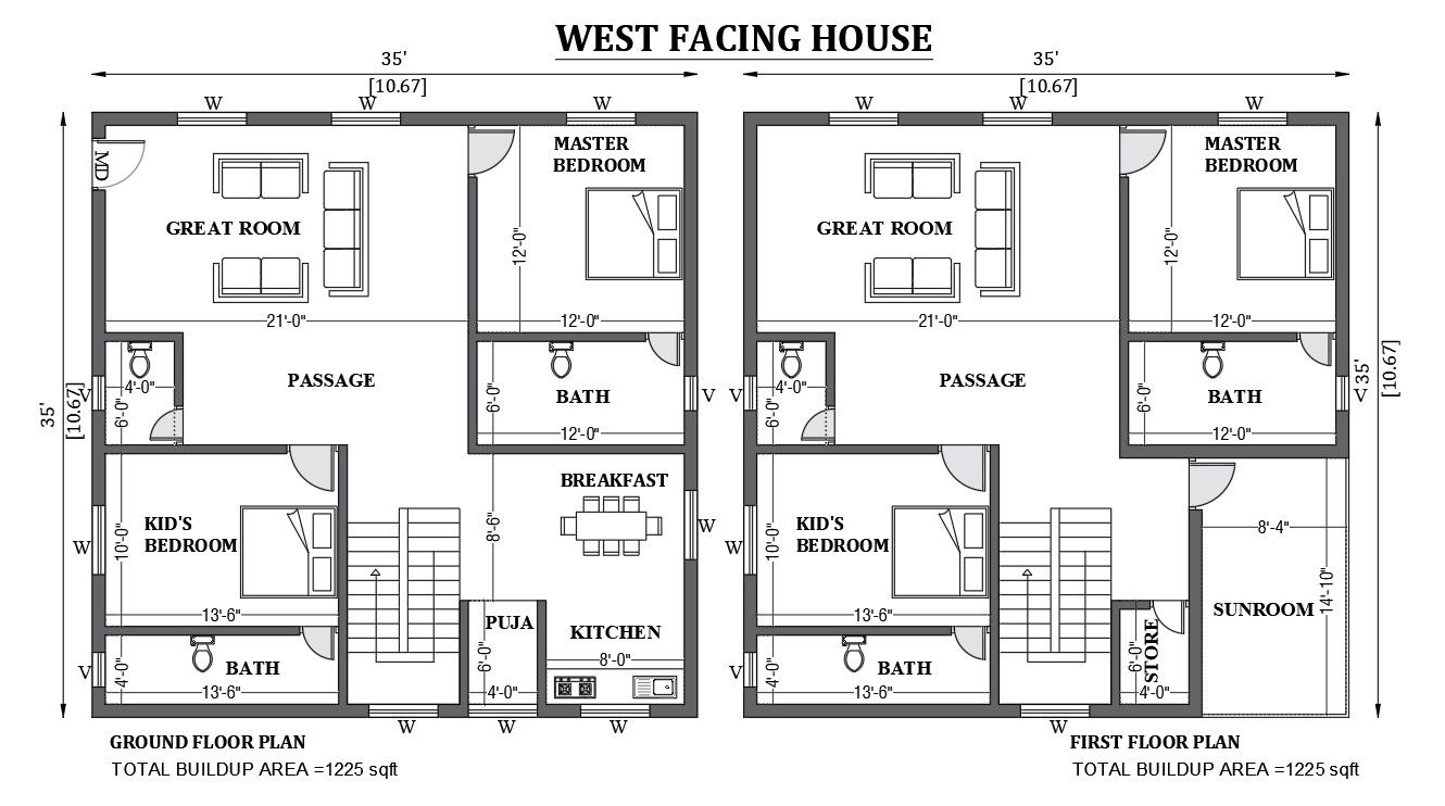 35'x35' west facing house design as per vastu shastra is given in this FREE 2D Autocad drawing file. Download now.
