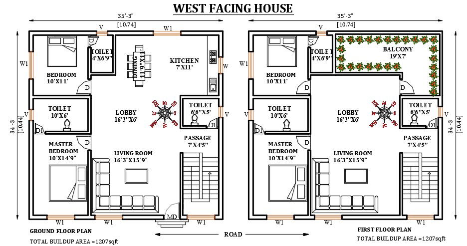 35’x35’ west facing house plan is given in this Autocad drawing file. Download the Autocad drawing file.
