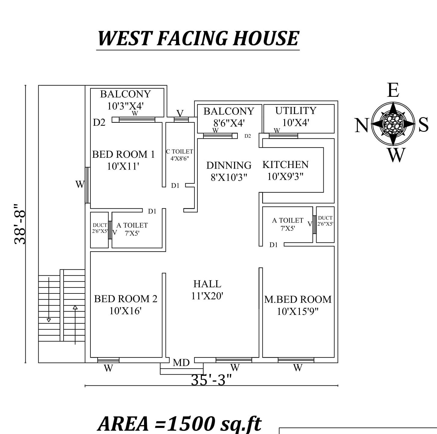 35'x38'9" West Facing 3BHK House Plan As Per Vastu Shastra , Autocad DWG File Details.
