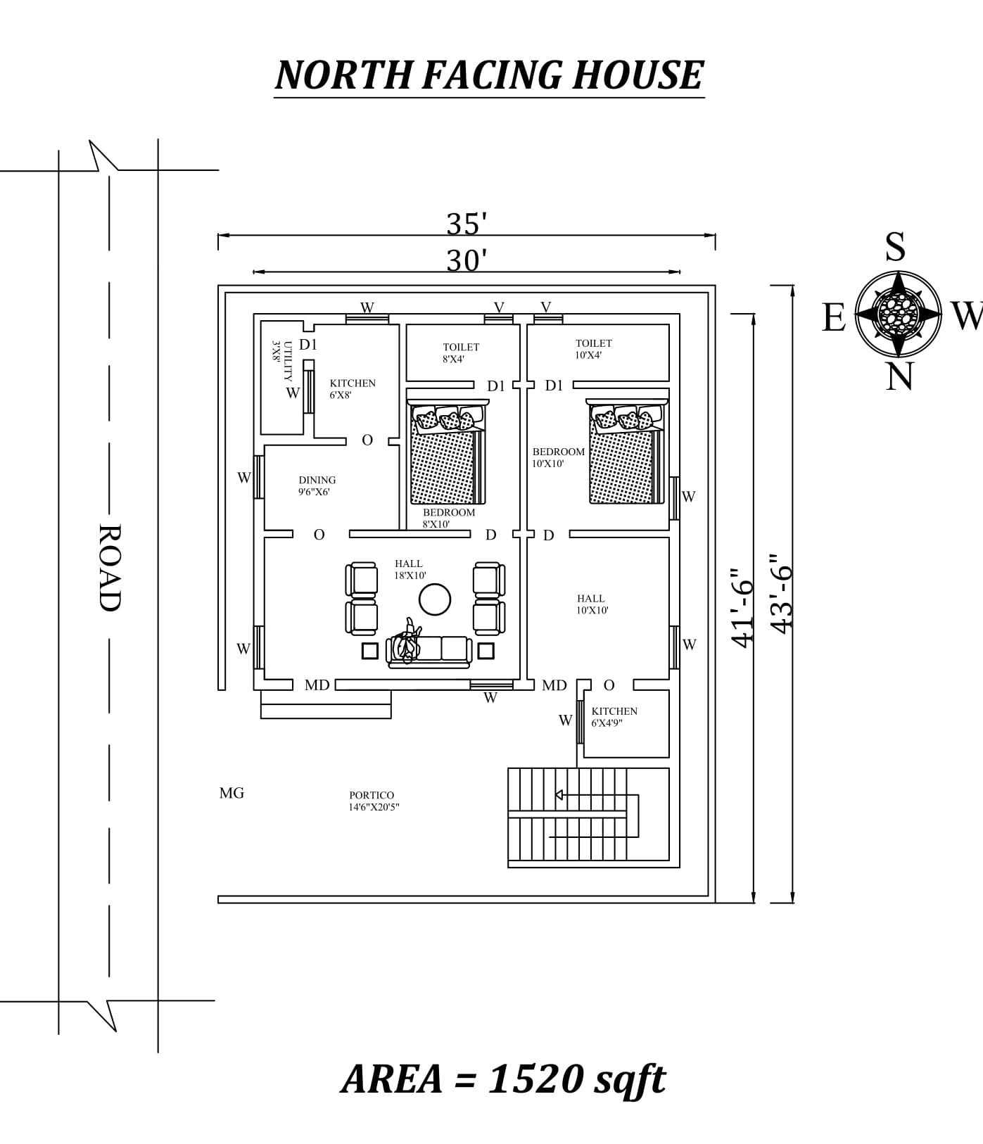 35'x41'6" Two 1BHK Residential houses for rental purpose , Autocad DWG file Details