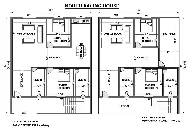 35’x42’ north facing house design as per vastu shastra is given in this FREE 2D Autocad drawing file. Download now.