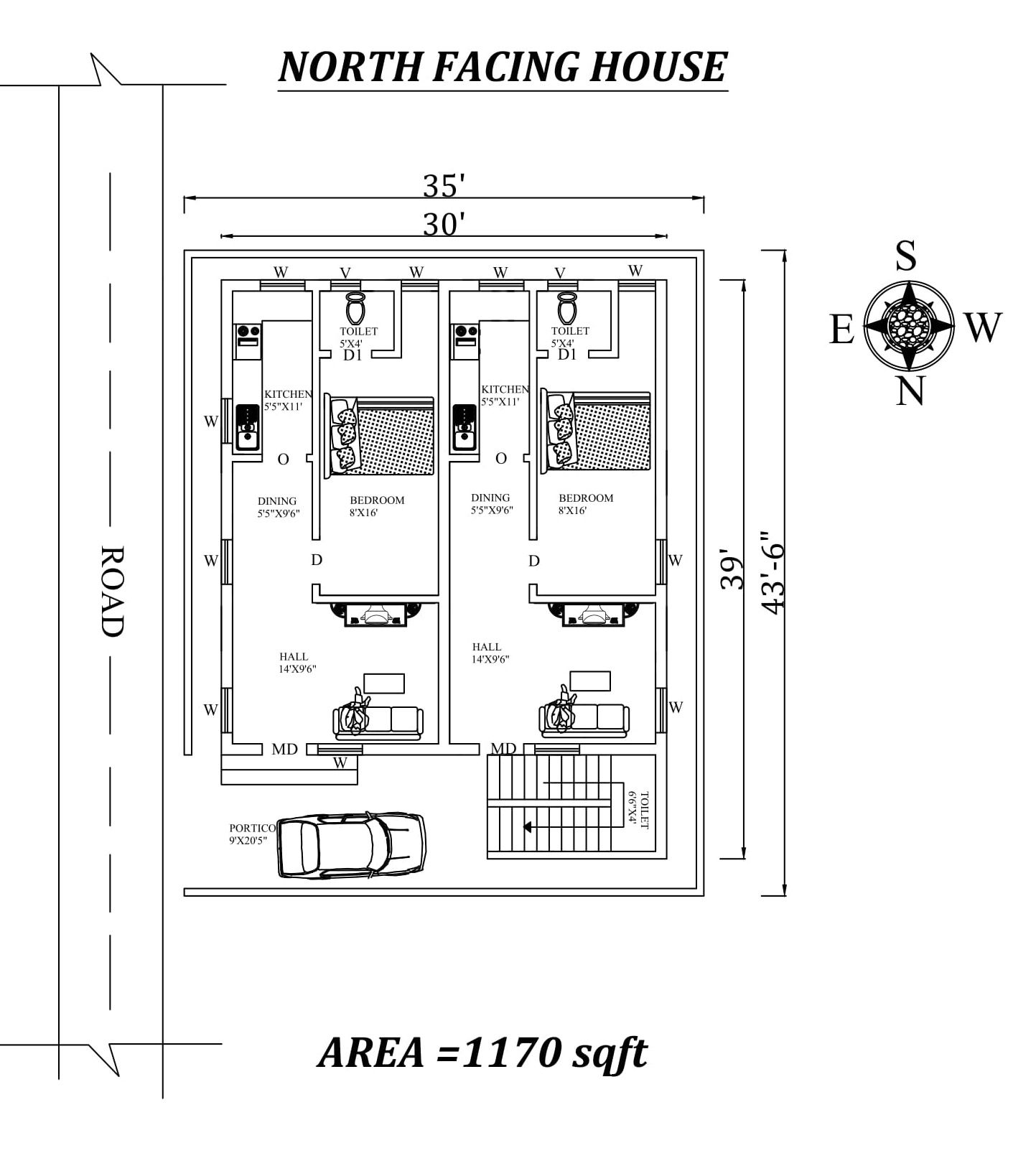 35'x43'6" Dual single BHK North Facing House Plan As Per Vasthu Shastra, Autocad DWG file details.