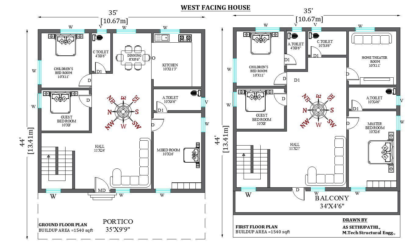 35’x44’ Perfect G+1 west-facing home design as per vastu shastra. Download now.