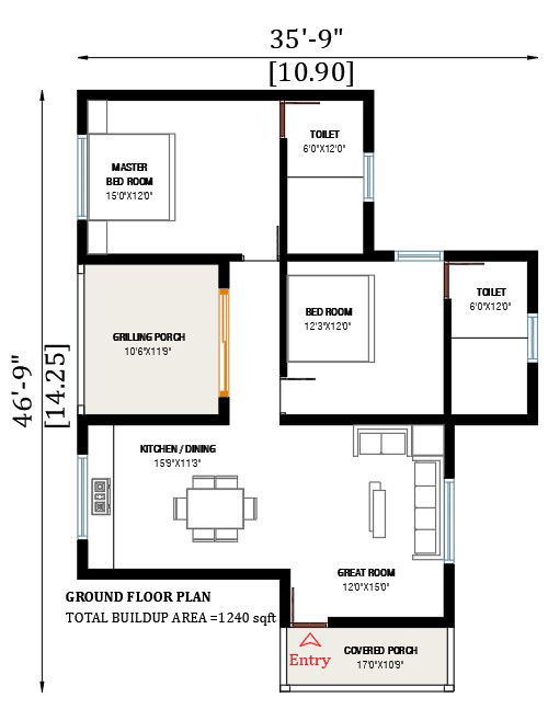 35’x47’house plan is given in this AutoCAD drawing file. Download the Autocad model.