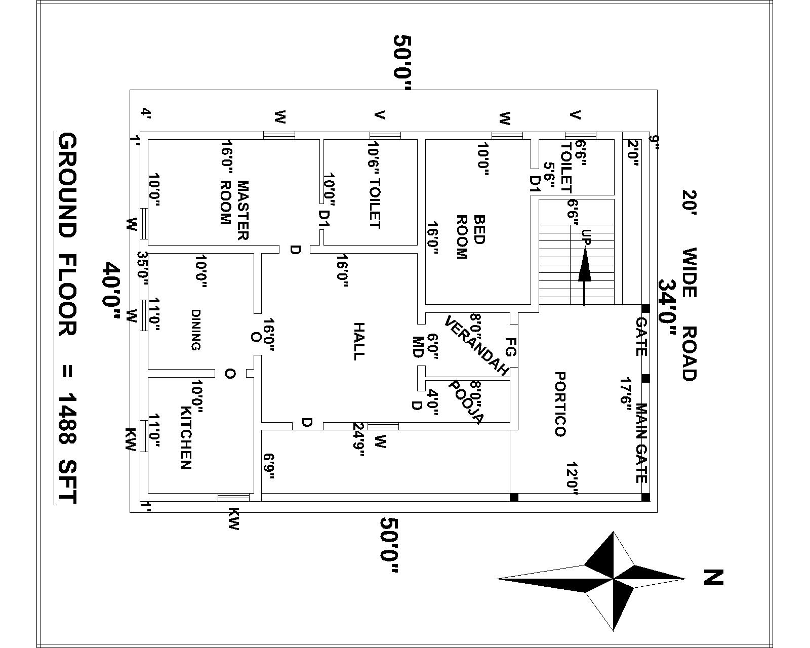 35’x50’ North Facing 2 BHK House Plan Drawing Download DWG File