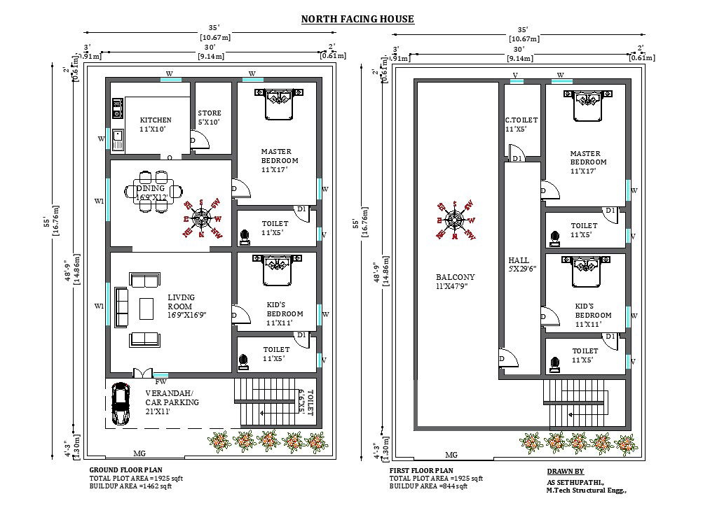 35’x55' North facing home design as per vastu shastra free. Download the free 2D cad drawing file.