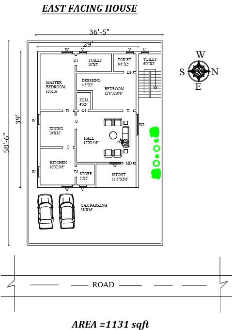 36 ft 5 Inch x 58 ft 6 Inch 2bhk East facing House Plan For AutoCAD file