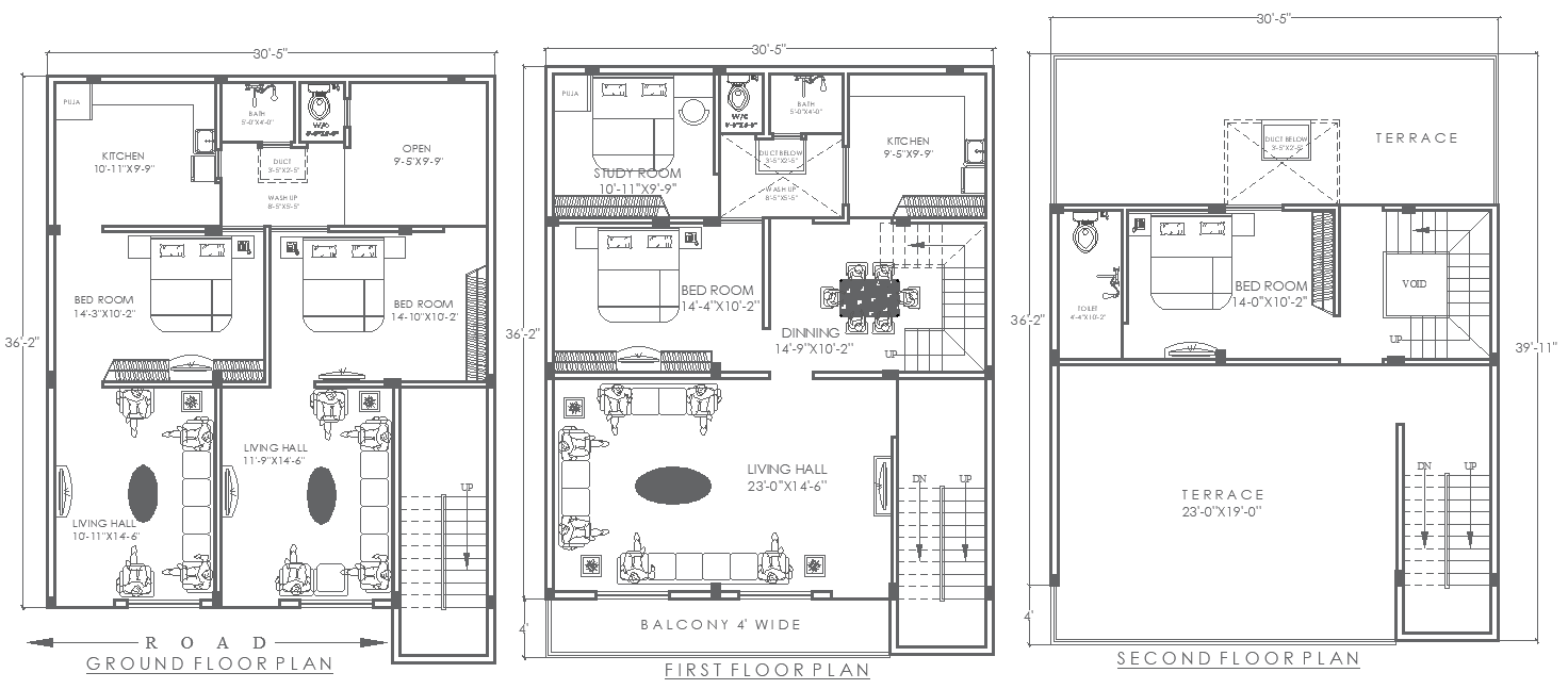 36.2ft×30.5ft 3 Floor House Plan with Terrace in DWG Design