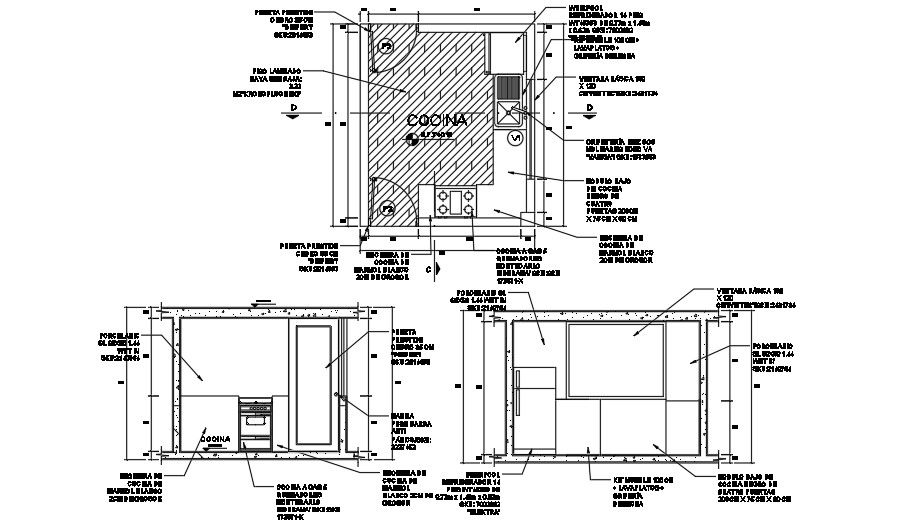 3650x3150mm Kitchen Layout and Section 2D DWG Drawing