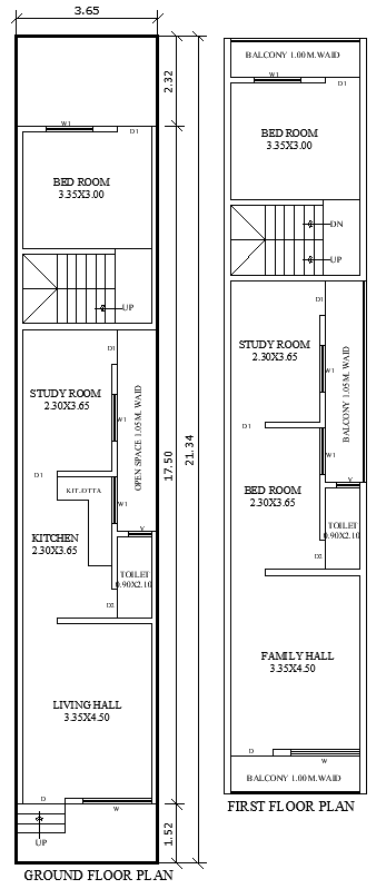 Two-Floor House Design DWG Plan 3.65mx21.34m Layout