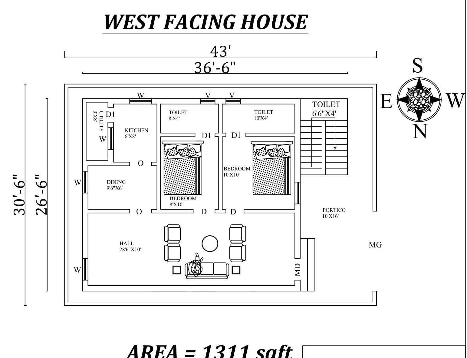 36'6" X26'6" Marvelous 2bhk West facing House Plan As Per Vastu Shastra.Autocad DWG and Pdf file details.