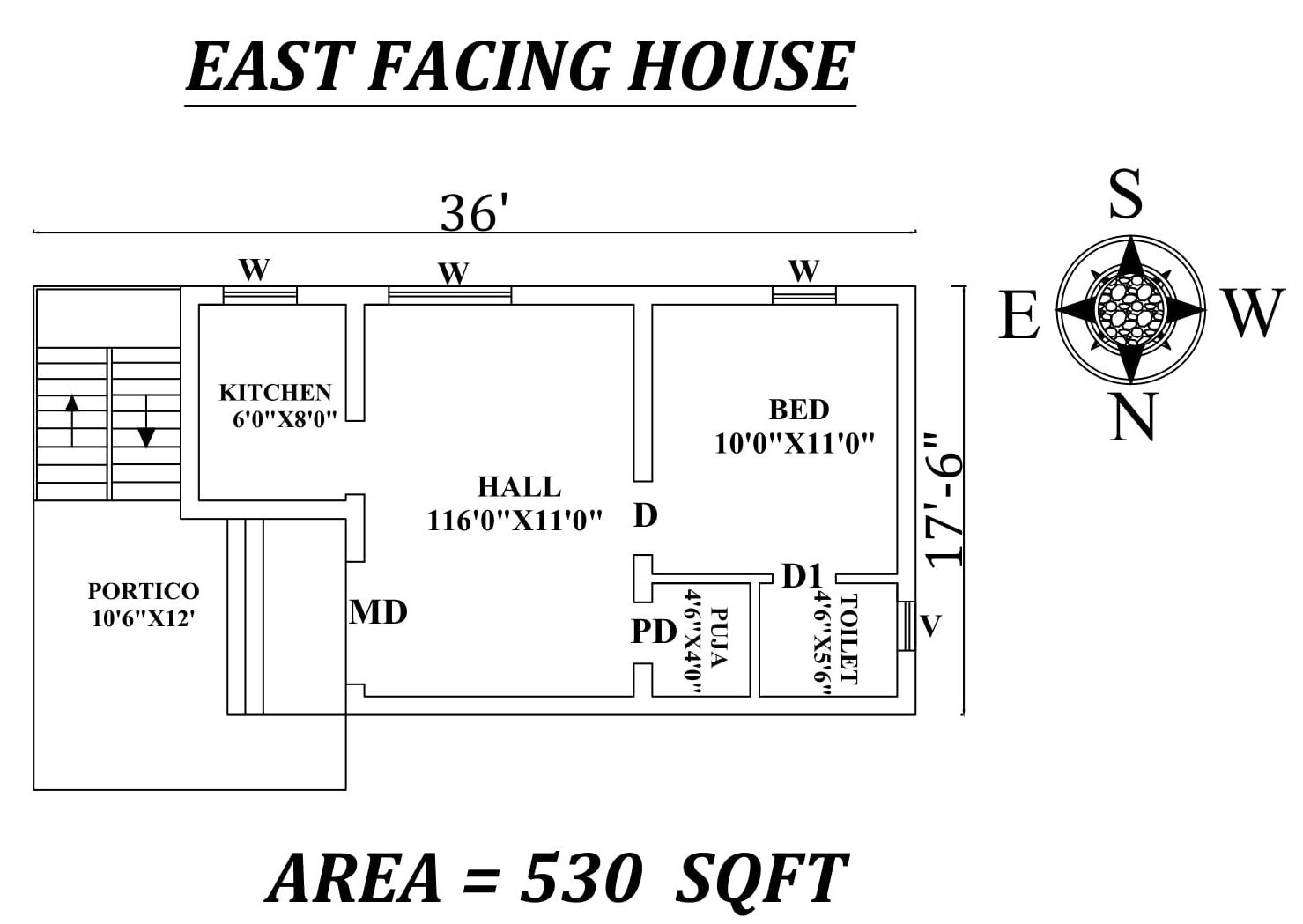 36'X17'6" East facing single bhk house plan as per vasthu shastra, Autocad DWG file details
