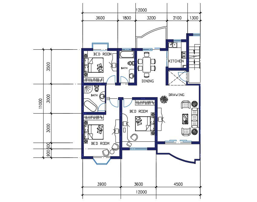 36X40 FT House Plan Drawing Download DWG File