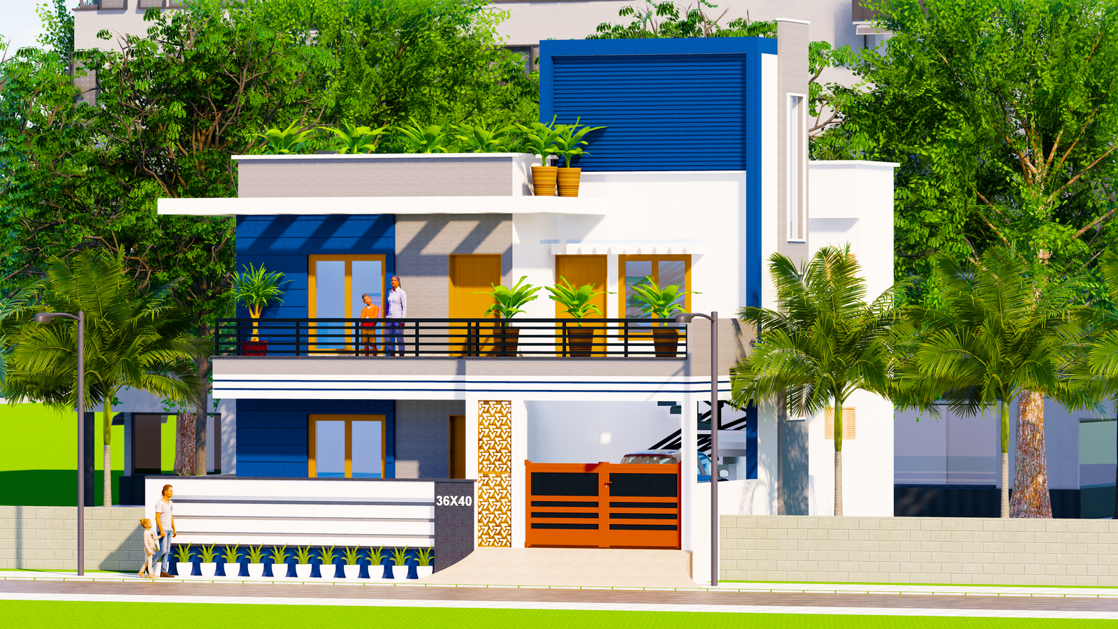 36X40 G+1 3d house elevation design. Download this drawing Revit file on cadbull.com.