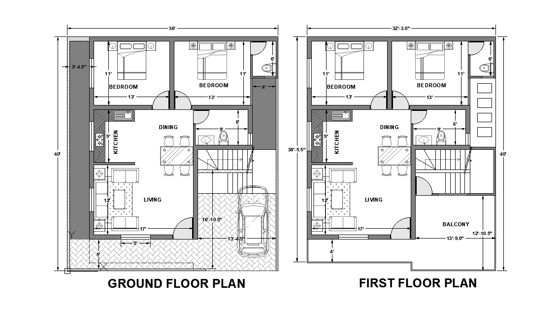 36'X40' House Floor Plan With furniture Layout CAD Drawing DWG File