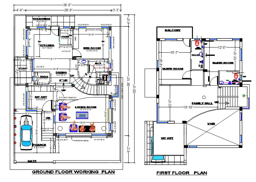 36' X 50' Architecture Car Parking House Layout Plan AutoCAD File