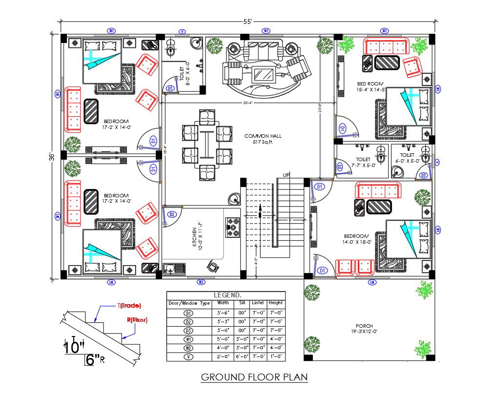 36'X55' House Layout Plan AutoCAD Drawing DWG File