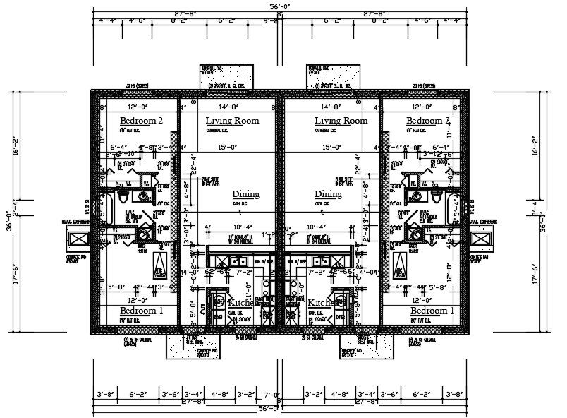 36'X56' Joint House 2 BHK Plan CAD Drawing DWG File