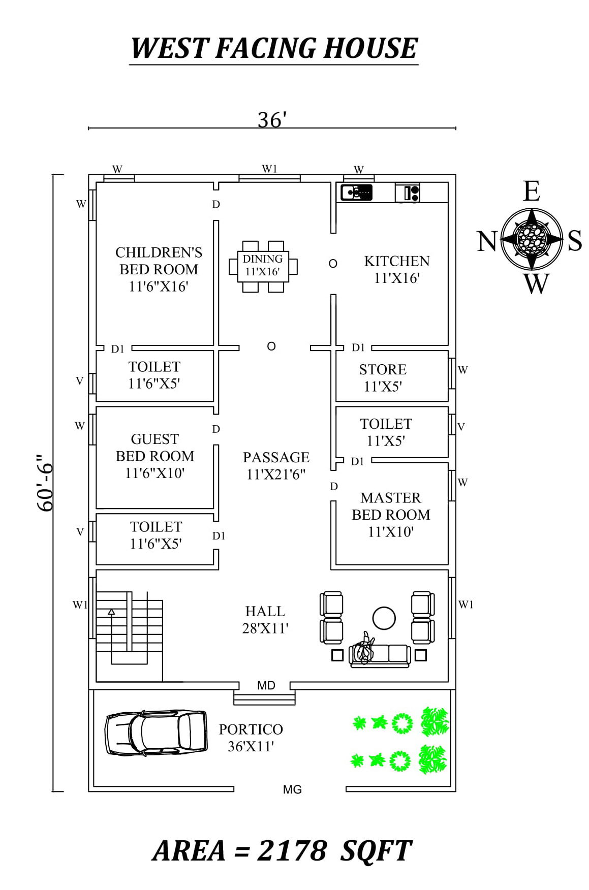 36'X 60'6" Beautiful 3bhk West facing House Plan As Per Vastu Shastra,Autocad DWG and Pdf file details.