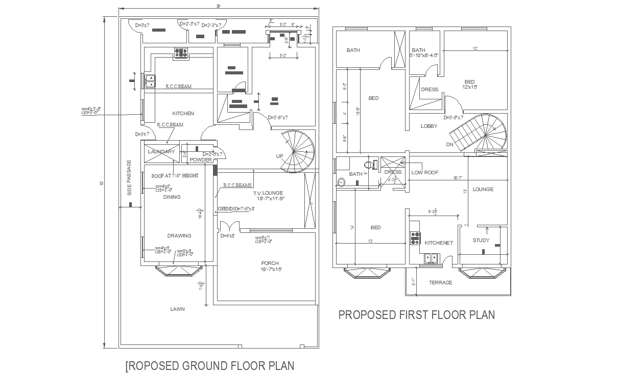 36' X 63' G+1 three-bedroom house plan AutoCAD DWG file,Download the DWG file.