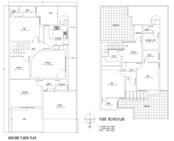 36'X65' Autocad Ground and first floor house plan drawing layout available in this DWG file.