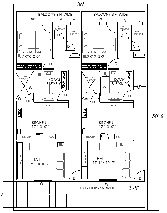 36ftx50.6ft 4BHK House Plan Design in DWG CAD Drawing