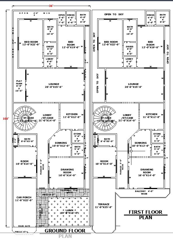 36x100 Single-Story Architectural House Plan with AutoCAD DWG Layout