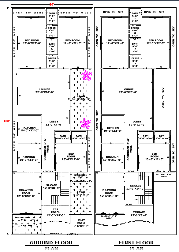 36'x100' Home Architectural Plan with AutoCAD DWG Design