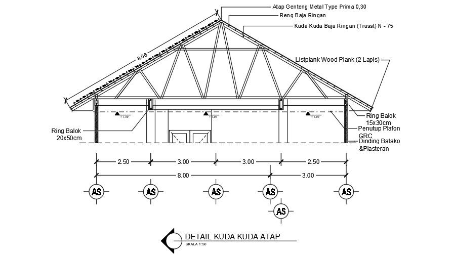 36x11m ware house roof horse detail drawing is given in this CAD