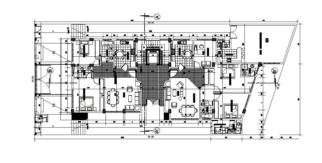 36x15m apartment plan is given in this Autocad drawing file. Download now.