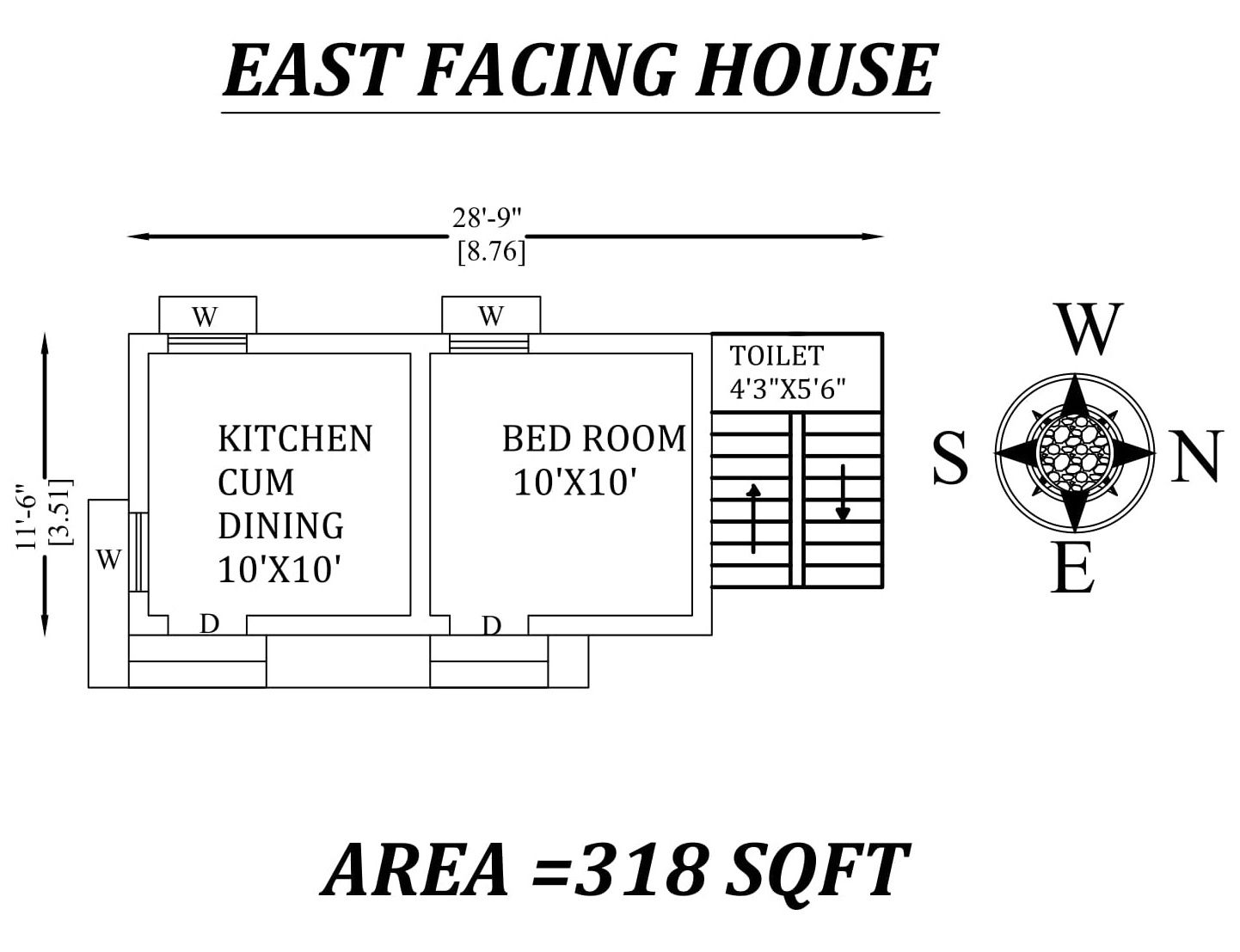 28'9" X 11'6" Single bhk East facing tiny House Plan As Per Vastu Shastra,Autocad DWG and PDF file Details